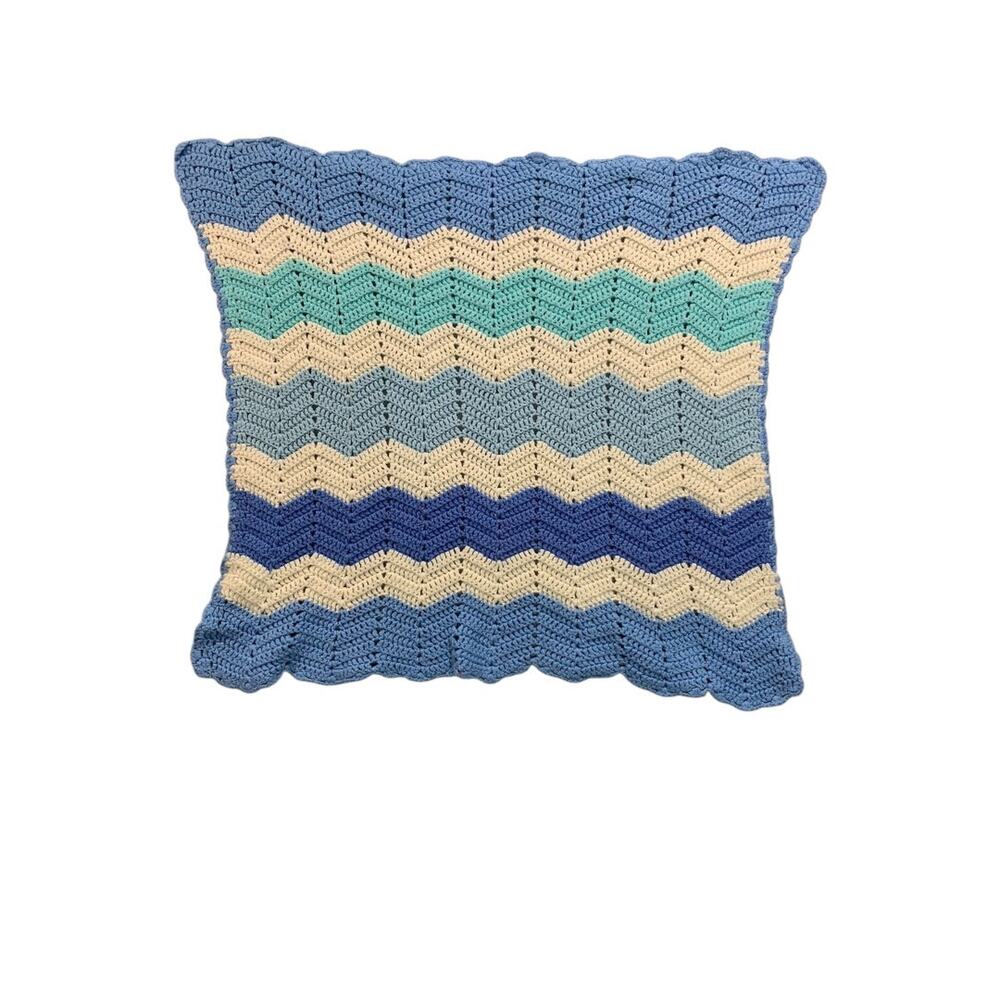 Vintage Crochet Baby Blanket Chevron Blue White 26" x 32"